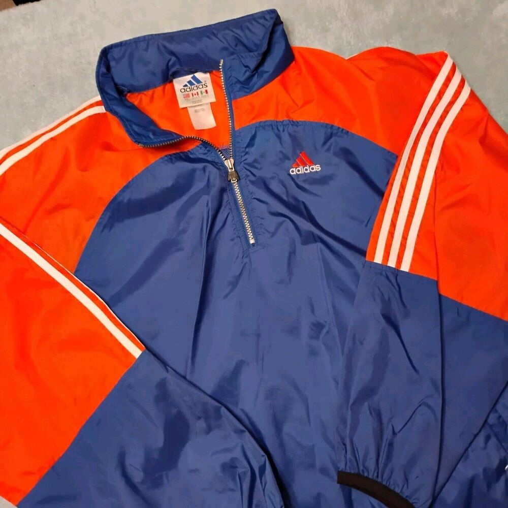 VTG Adidas Orange & Blue Color Block 1/4 Zip Windbreaker Jacket Mens Size Large